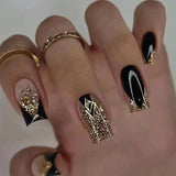 M28 Machine Press on Nails 24Pcs Black Gold French glitter Coffin Medium False Nails