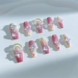 A30 Handmade Press on Nails Pink stars moon Coffin luxury Medium False Nails