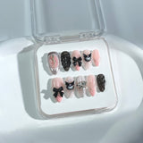 P34 Handmade Press on Nails Black Stripe Bow Love Diamond Rose Almond luxury Medium False Nails