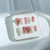 P36 Handmade Press on Nails Pink 3D Rose White Butterfly Almond luxury Medium False Nails