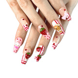 P37 Handmade Press on Nails Pink French 3D Strawberry Bow HK Coffin luxury Medium False Nails