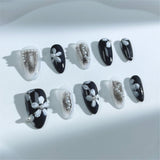 A37 Handmade Press on Nails Black hand-painted flower pearls Almond luxury Medium False Nails