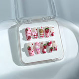 P37 Handmade Press on Nails Pink French 3D Strawberry Bow HK Coffin luxury Medium False Nails