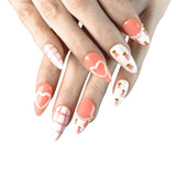 P38 Handmade Press on Nails Pink French hand painted flower bow pearl heart Almond luxury Medium False Nails