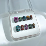 H3 HALLOWEEN NAILS Handmade Press on Nails Pink Colorful cat eye grimace Square Squoval luxury Short False Nails