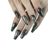 P4 Handmade Press on Nails Green Silver Sun Star Eyes glittering Coffin luxury Medium False Nails