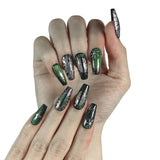 P4 Handmade Press on Nails Green Silver Sun Star Eyes glittering Coffin luxury Medium False Nails