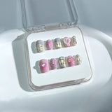 P40 Handmade Press on Nails Pink Gradient Butterfly Love Pearl Iron Chain Square Squoval luxury Medium False Nails