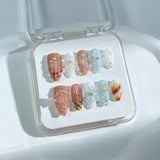 P41 Handmade Press on Nails Brown French Wave Shell Blue Sea Star Butterfly Pearl Almond luxury Medium False Nails