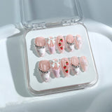 P42 Handmade Press on Nails Pink French Strawberry Bow Diamond Almond luxury Medium False Nails