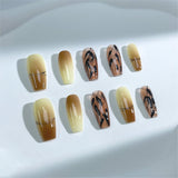 A46 Handmade Press on Nails Brown gradient hand drawn leaves Coffin luxury Medium False Nails
