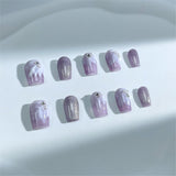 A49 Handmade Press on Nails Purple cat eye white flower diamond Coffin luxury Short False Nails