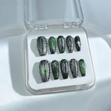 P4 Handmade Press on Nails Green Silver Sun Star Eyes glittering Coffin luxury Medium False Nails