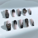 A51 Handmade Press on Nails Pink black gradient chocolate heart letter Coffin luxury Medium False Nails