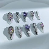 A53 Handmade Press on Nails Silver irregular line purple gemstone Stiletto luxury Medium False Nails