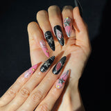 A54 Handmade Press on Nails Black irregular pink star flowers Almond luxury Medium False Nails