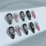 A54 Handmade Press on Nails Black irregular pink star flowers Almond luxury Medium False Nails