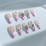 A56 Handmade Press on Nails Pink striped French dollar star diamond Almond luxury Medium False Nails