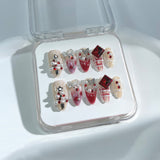 C5 CHRISTMAS NAILS Handmade Press on Nails Red French Diamond Christmas Tree Butterfly Red Gemstone Almond luxury Medium False Nails