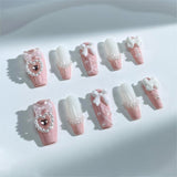 A61 Handmade Press on Nails Pink French White Bow Heart Pearl Coffin luxury Medium False Nails