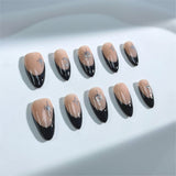 A63 Handmade Press on Nails Black French hand drawn sun stars moon Almond luxury Medium False Nails