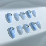 A65 Handmade Press on Nails Blue gradient hand drawn feather gemstone diamond Almond luxury Medium False Nails