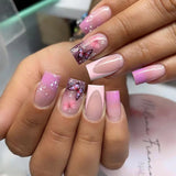 S68 Machine Press on Nails 24Pcs Pink Gradient French Butterfly Sparkling Pink Star Square Squoval Short False Nails