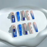 A69 Handmade Press on Nails Blue gradient French gemstone diamond flower Coffin Ballerina luxury long False Nails