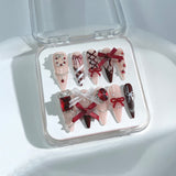 C6 HALLOWEEN NAILS Handmade Press on Nails Red Christmas Bow Jewel Coffin Ballerina luxury Long False Nails