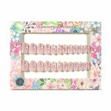 M6 Machine Press on Nails 24Pcs Pink Sparkling Pink White Flowers Oval Medium False Nails