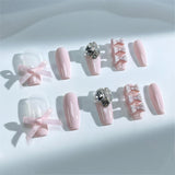 A06 Handmade Press on Nails Pink French Bow Diamond Coffin luxury Medium False Nails