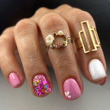 S70 Machine Press on Nails 24Pcs Pink white flowers sparkle pink Square Squoval Short False Nails