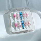 A71 Handmade Press on Nails Blue and white heart-shaped pearl three-dimensional bow Stiletto luxury long False Nails