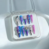 A71 Handmade Press on Nails Blue Purple French Silver Droplet Line Sun Stiletto luxury long False Nails