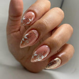 S78 Machine Press on Nails 24Pcs Golden glittering pink white flowers Almond Short False Nails