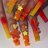 HS7 HS6 Machine Press on Nails 24Pcs Orange Gradient Star Little Bear Love Gem Coffin Ballerina Lovely False Nails