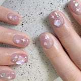 S83 Machine Press on Nails 24Pcs Pink Cat Eye Love Star Diamond Round Short False Nails