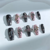 A08 Handmade Press on Nails Black Pink Star Diamond Cross Clover Planet Coffin luxury Medium False Nails