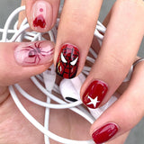 HS9 Machine Press on Nails 24Pcs Pink Spider Red Spider Web Star Love Round Lovely False Nails