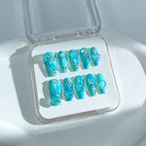 P9 Handmade Press on Nails Blue Gradient Star Bubble Ball Diamond Pearl Coffin luxury Medium False Nails