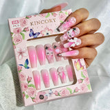 KL4 Machine Press on Nails 24Pcs Pink Gradient HK Cat Bow Pearl Star Coffin Ballerina Long False Nails