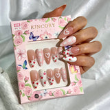 KM3 Machine Press on Nails 24Pcs White French Pink Checkered Heart Pearl Strawberry Almond Medium False Nails