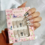 KM4 Machine Press on Nails 24Pcs White French Cross Love Pearl Coffin Medium False Nails