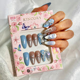 KM6 Machine Press on Nails 24Pcs Blue brown star heart diamond Almond Medium False Nails