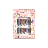 KM6 Machine Press on Nails 24Pcs Blue brown star heart diamond Almond Medium False Nails