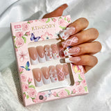 KM7 Machine Press on Nails 24Pcs Pink and white French bow flowers Coffin Medium False Nails