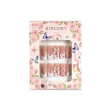 KM7 Machine Press on Nails 24Pcs Pink and white French bow flowers Coffin Medium False Nails