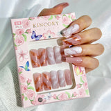 KM8 Machine Press on Nails 24Pcs Pink marble pattern Coffin Medium False Nails