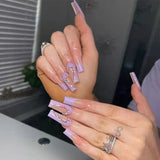 L29 Machine Press on Nails 24Pcs Purple French Love Diamond Coffin Ballerina Long False Nails