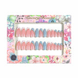 M103 Machine Press on Nails 24Pcs Pink French Blue White Line Almond Medium False Nails